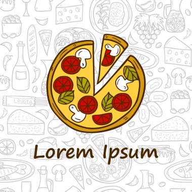 Vektör yiyecek konsepti ile pizza ve Akdeniz mutfağı konulu kesintisiz arka plan: domates, makarna, şarap, peynir, zeytin. Büyük Restoran Menü, kartı, site için