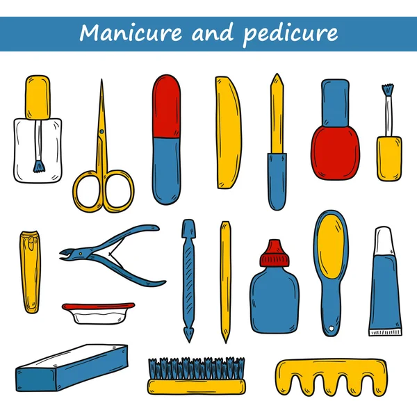 Verzameling van cute hand getekende objecten op manicure pedicure thema: clippers, Pools, bestand, nipper, crèmes. Schoonheid concept — Stockvector