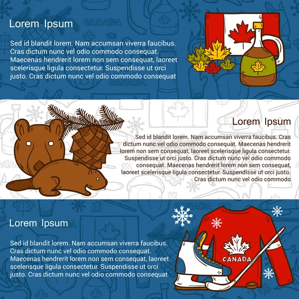 Viaggio vettoriale concetto di Nord America con oggetti disegnati a mano del fumetto sul tema del Canada: sciroppo d'acero, bastone da hockey, disco, orso, corno — Vettoriale Stock