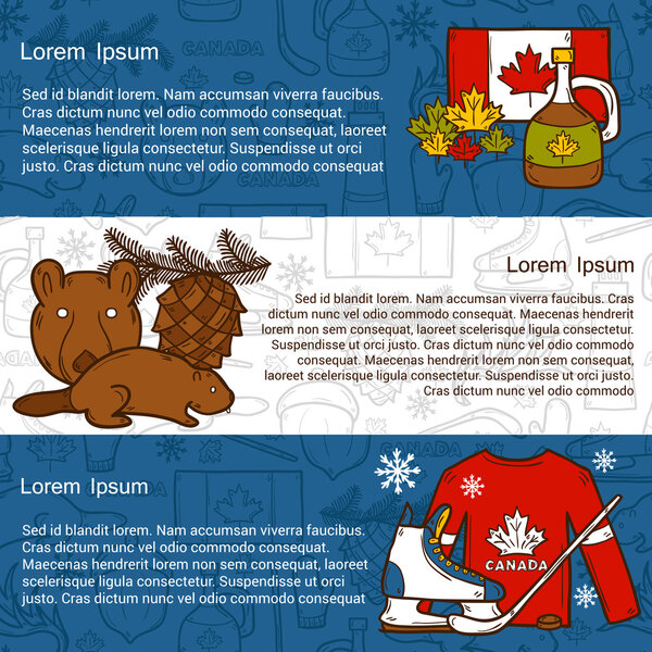 Vector travel north america concept with cartoon hand drawn objects on Canada theme: maple syrup, hockey stick, puck, bear, horn