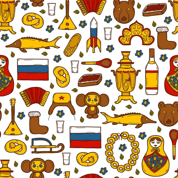 Sfondo senza soluzione di continuità con simpatici oggetti disegnati a mano sul tema Russia: balalaika, vodka, orso, ushanka, matrioshka, razzo. Concetto di viaggio — Vettoriale Stock