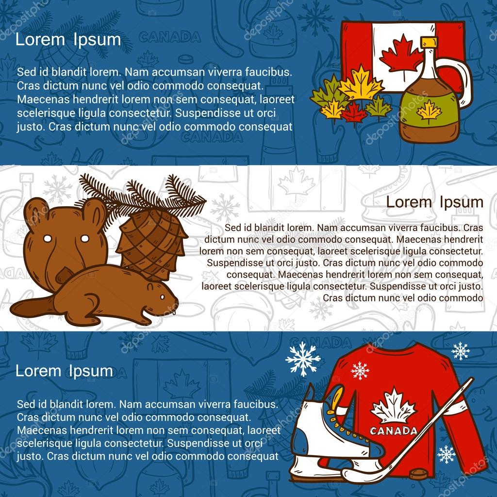 Vector travel north america concept with cartoon hand drawn objects on Canada theme: maple syrup, hockey stick, puck, bear, horn
