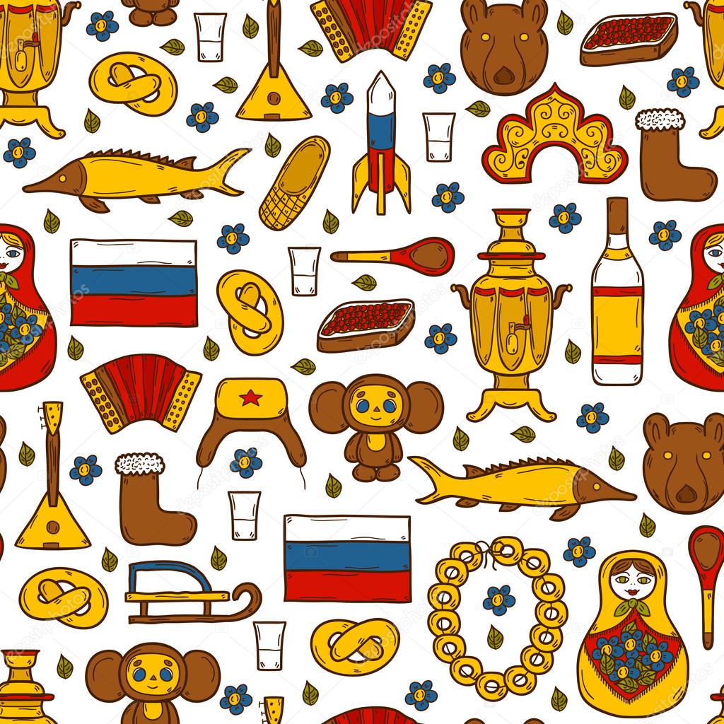Seamless background with cute hand drawn objects on Russia theme: balalaika, vodka, bear, ushanka, matrioshka, rocket. Travel concept