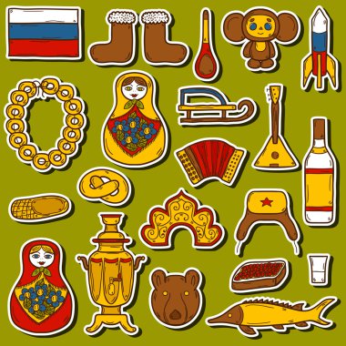 Rusya Tema elle çizilmiş çıkartmaları kümesi: Balalayka, votka, ayı, ushanka, matrioshka, roket. Seyahat kavramı