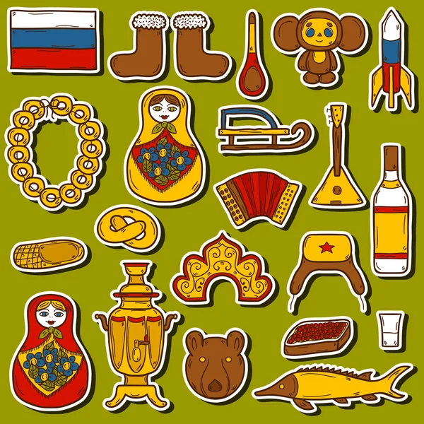 Set of hand drawn stickers on Russia theme: balalaika, vodka, bear, ushanka, matrioshka, rocket. Travel concept — Stock Vector