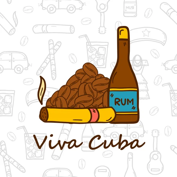 Concepto de viaje vectorial con objetos dibujados a mano y fondo sin costura cubano sobre el tema de Cuba o América Latina: ron, cóctel, caña de azúcar, café, guitarra, cigarro — Vector de stock