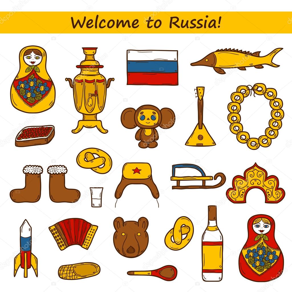 Set of hand drawn objects on Russia theme: balalaika, vodka, bear, ushanka, matrioshka, rocket. Travel concept