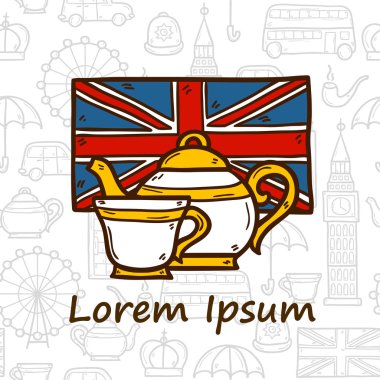 Vektör seyahat kavramı çay saati veya elle çizilmiş karikatür nesneleri ve sorunsuz arka plan ile İngiltere'de Tema