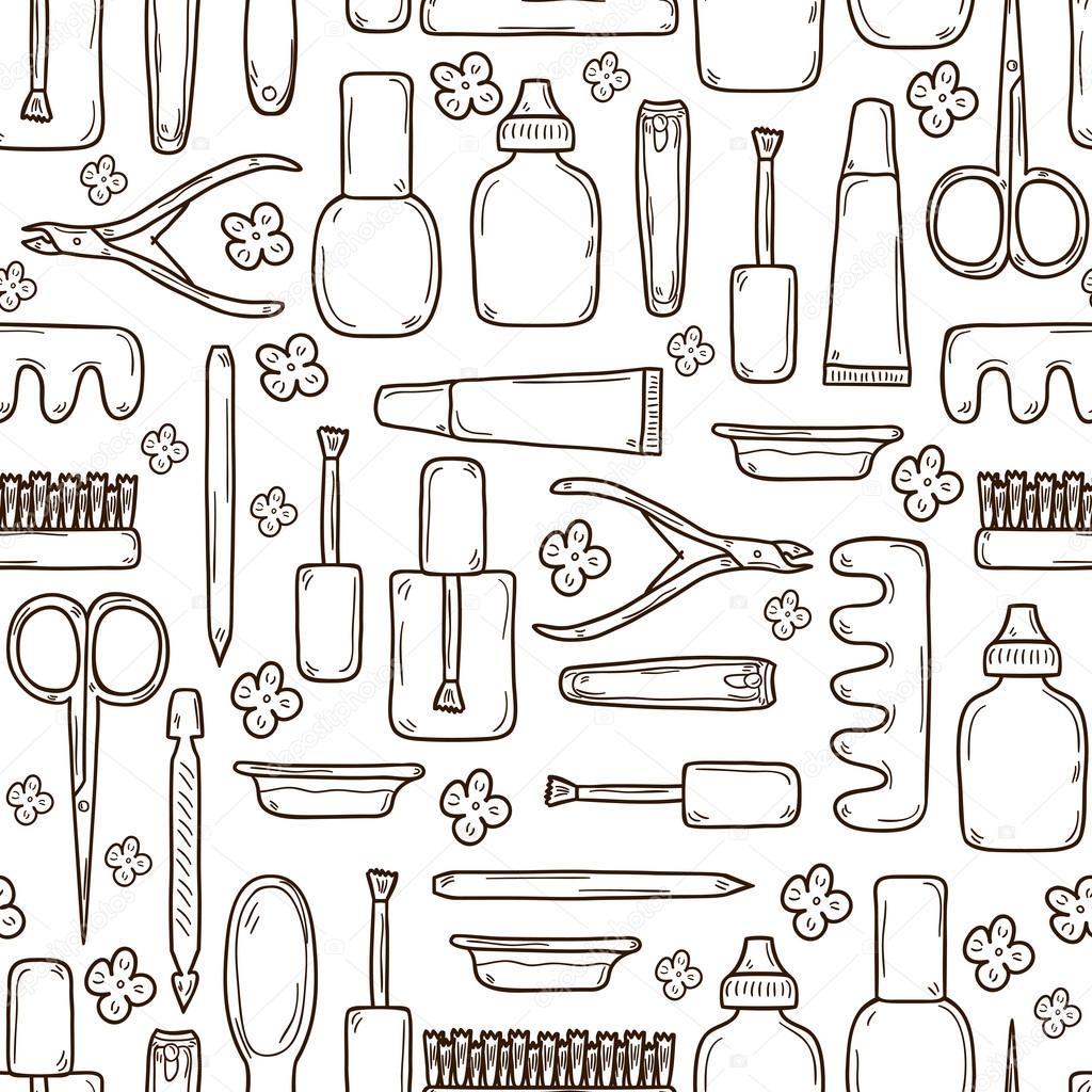 Seamless background with cute hand drawn objects on manicure pedicure theme: clippers, polish, file, nipper, creams. Beauty concept