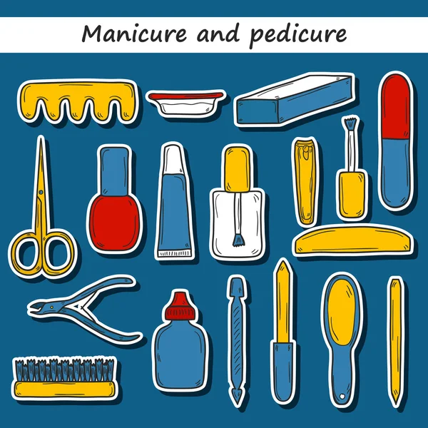 Verzameling van cute hand getrokken stickers op manicure pedicure thema: clippers, Pools, bestand, nipper, crèmes. Schoonheid concept — Stockvector