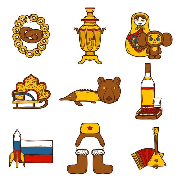 Serie di oggetti disegnati a mano sul tema Russia: balalaika, vodka, orso, ushanka, matrioshka, razzo. Concetto di viaggio — Vettoriale Stock