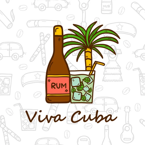 Concetto di viaggio vettoriale con oggetti disegnati a mano e sfondo cubano senza cuciture sul tema Cuba o America Latina: rum, coctail, canna da zucchero, caffè, chitarra, sigaro — Vettoriale Stock