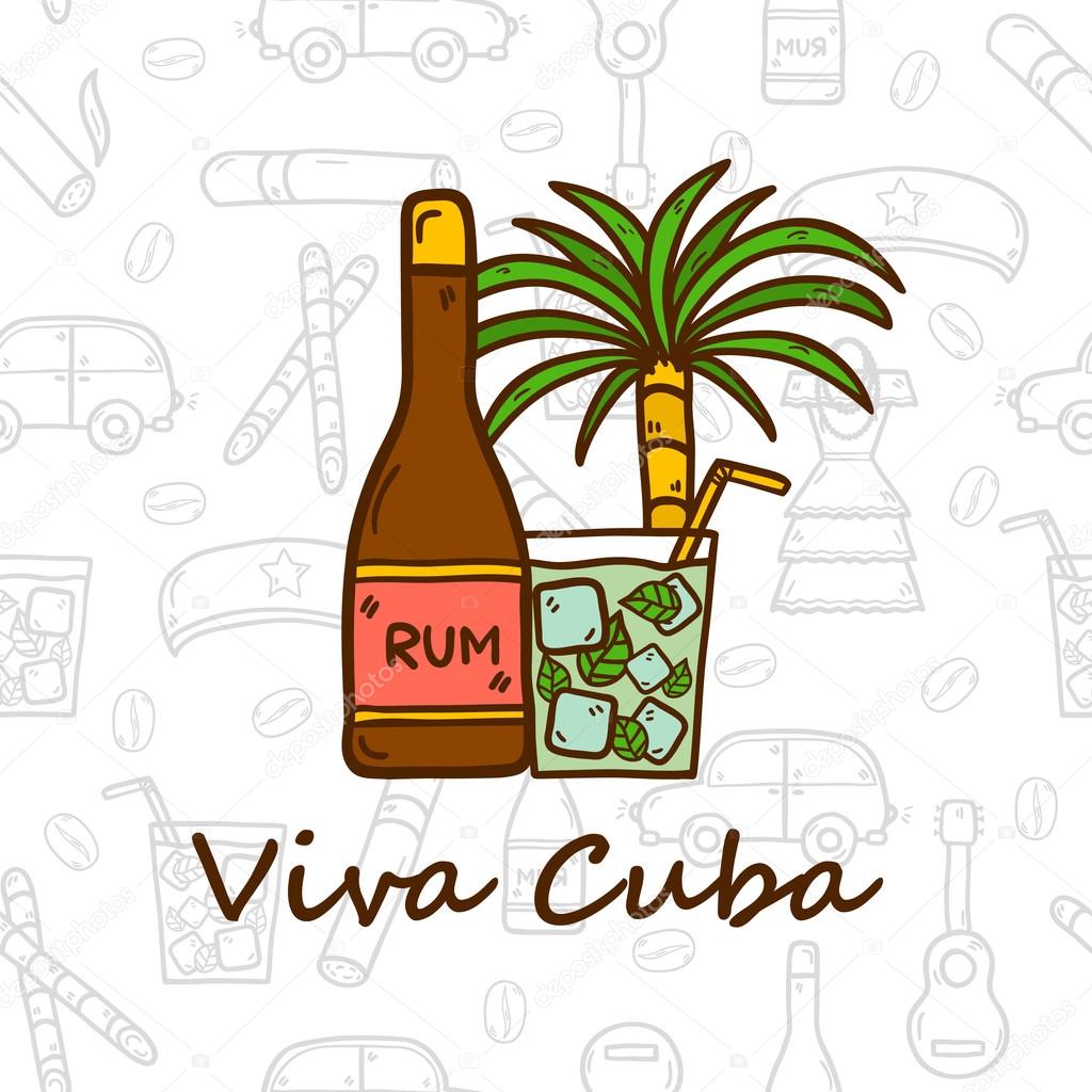 Vector travel concept with hand drawn objects and cuban seamless background on Cuba or Latin America theme: rum, coctail, sugar cane, coffee, guitar, cigar