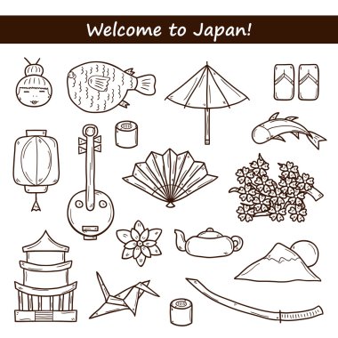 Elle çizilmiş anahat tarzı Japonya konulu simgeler kümesi: geyşa, kılıç, suşi, sakura, fener, origami. Seyahat Japon consept