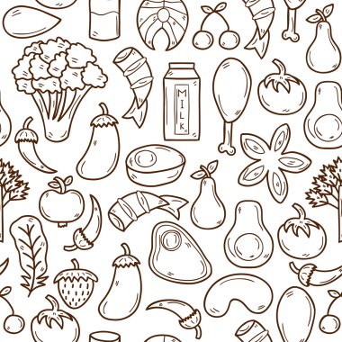 Seamless background with objects in hand drawn outline style on paleo diet theme: meat, fish, fruits, vegetables, spices, nuts. Healthy food concept