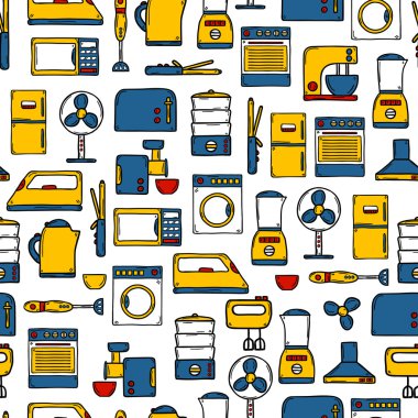 Seamless background with objects in hand drawn cartoon style on home appliance theme: fridge, kettle, microwave, steamer, mixer, iron, stove. House care and housekeeping concept
