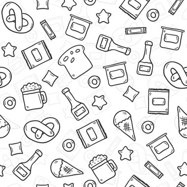 Seamless background on gluten products theme with cute hand drawn objects: bread, pastry, pasta, beer, yogurt, ice cream, dry breakfast, ketchup and snack food