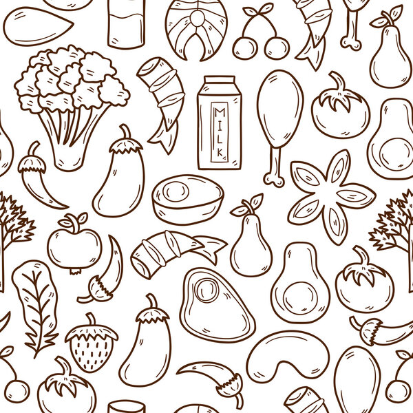 Бесшовный фон с объектами в рисованном от руки наброске стиле на тему палео диеты: мясо, рыба, фрукты, овощи, специи, орехи. Концепция здорового питания
