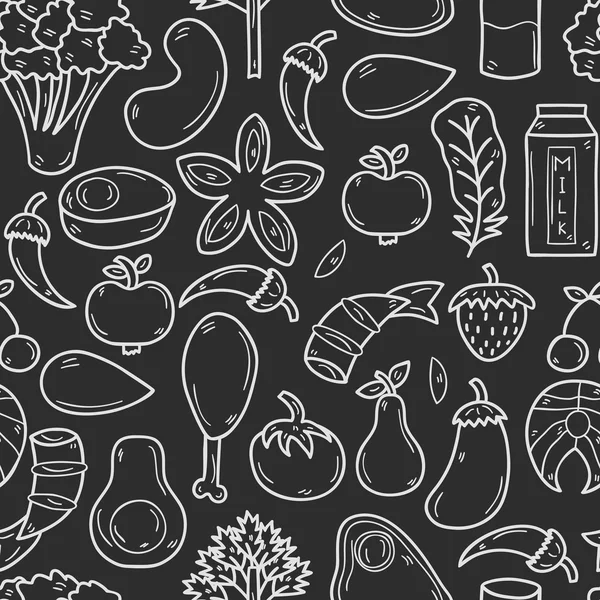 Seamless background with objects in hand drawn outline style on paleo diet theme: meat, fish, fruits, vegetables, spices, nuts. Healthy food concept