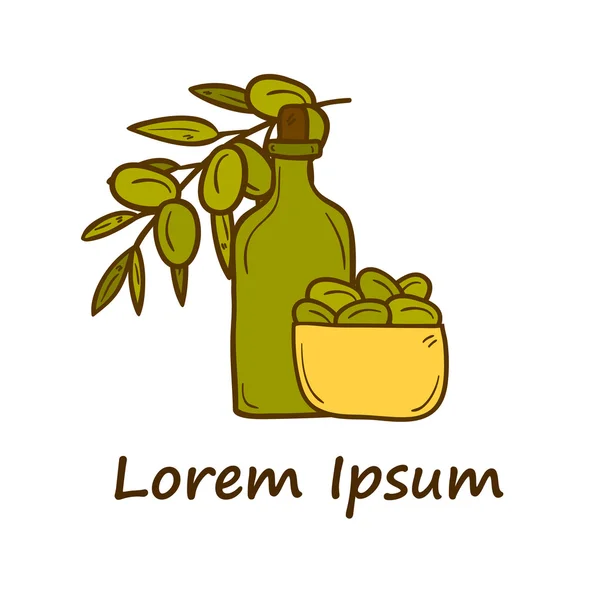 Vector concept with olive oil bottle and bowl of olives. You can use it for logo or badge — 스톡 벡터
