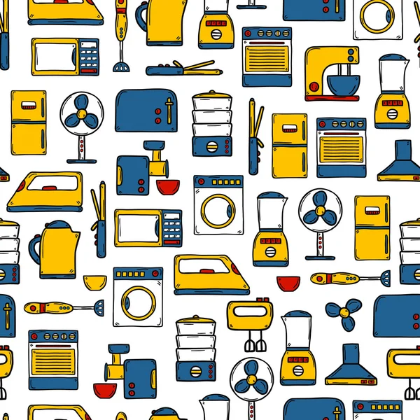 Seamless background with objects in hand drawn cartoon style on home appliance theme: fridge, kettle, microwave, steamer, mixer, iron, stove. House care and housekeeping concept — Stockový vektor