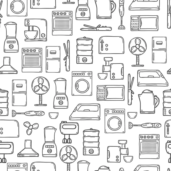 Seamless background with objects in hand drawn cartoon outline style on home appliance theme: fridge, kettle, microwave, steamer, mixer, iron, stove. House care and housekeeping concept