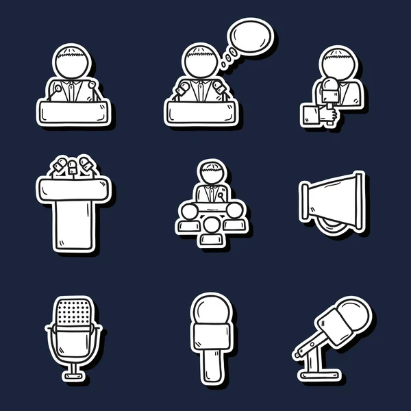 Set of cute hand drawn stickers on public speaking theme with people, microphones, speakers, tribunes for business presentation, seminar or conference — Stockvector