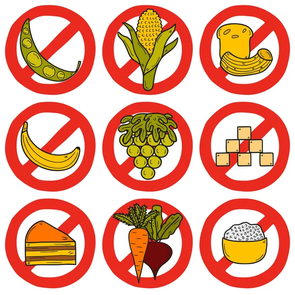 Conjunto de productos prohibidos durante la dieta paleo en dibujos animados dibujados a mano: maíz, pastel, arroz, zanahoria, pan, frijol, azúcar. Concepto de comida saludable — Vector de stock