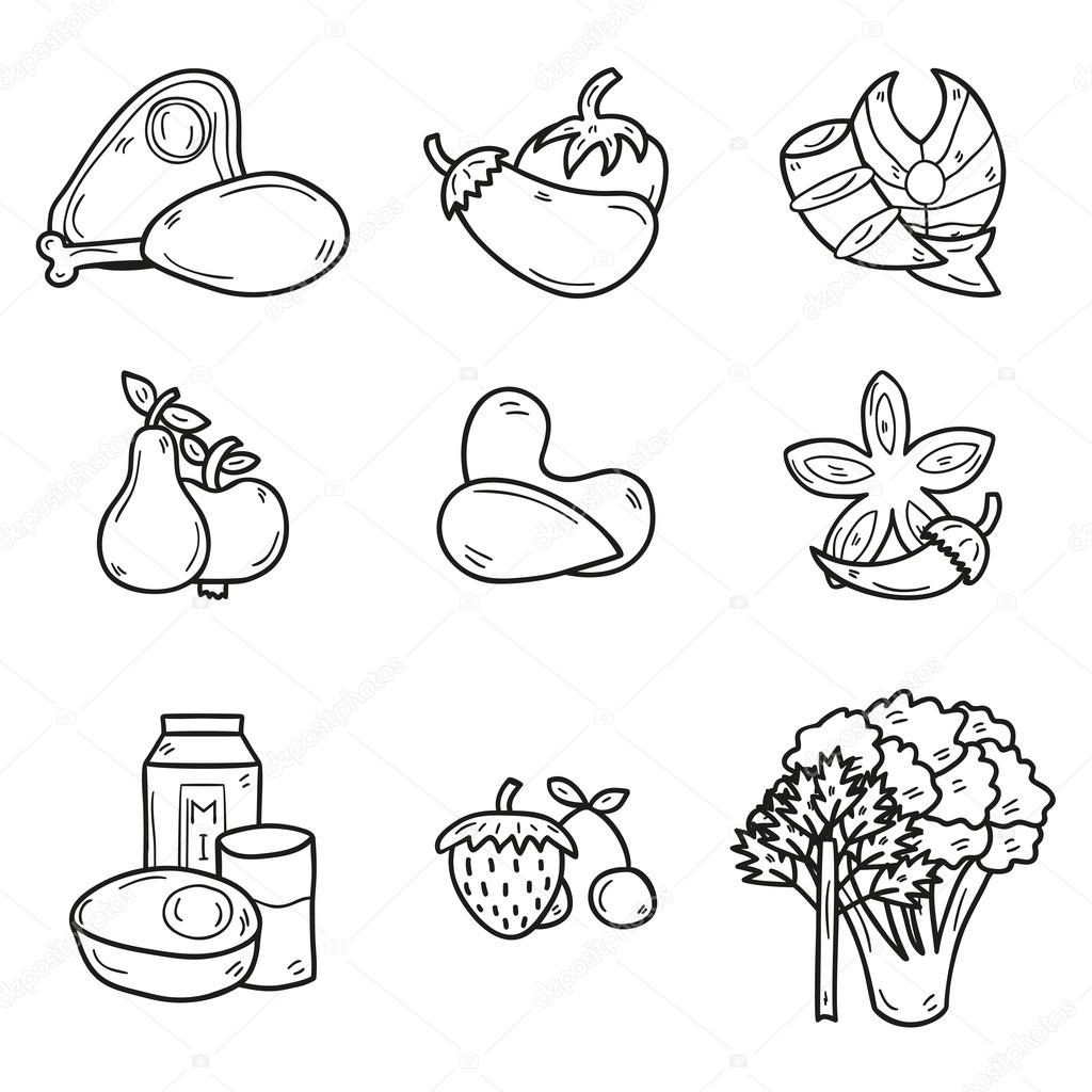 set of objects in hand drawn outline style on paleo diet theme meat fish fruits vegetables spices nuts healthy food concept for your design vector