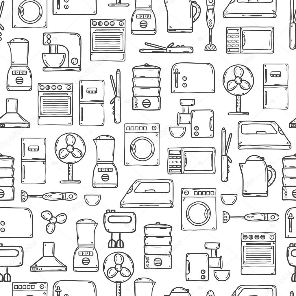 Seamless background with objects in hand drawn cartoon outline style on home appliance theme: fridge, kettle, microwave, steamer, mixer, iron, stove. House care and housekeeping concept