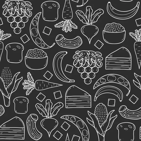 Seamless background with products prohibited during paleo diet in hand drawn cartoon outline style: corn, cake, rice, carrot, bread, bean, sugar. Healthy food concept — Stockvector