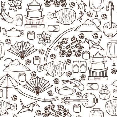 Sorunsuz geçmiş ile obje elinde çizilmiş anahat stili Japonya Tema: geyşa, kılıç, suşi, sakura, fener, origami. Seyahat Japon consept