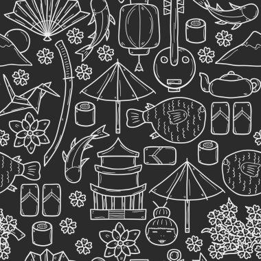 Sorunsuz geçmiş ile obje elinde çizilmiş anahat stili Japonya Tema: geyşa, kılıç, suşi, sakura, fener, origami. Seyahat Japon consept