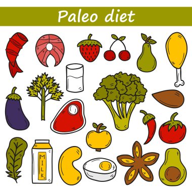 Küme nesneleri paleo diyet konulu elinde çizilmiş stil: et, balık, meyve, sebze, baharat, Kuruyemiş. Sağlıklı gıda kavramı