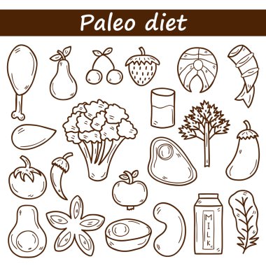 Küme nesneleri elinde çizilmiş anahat stili paleo diyet konulu: et, balık, meyve, sebze, baharat, Kuruyemiş. Sağlıklı gıda kavramı