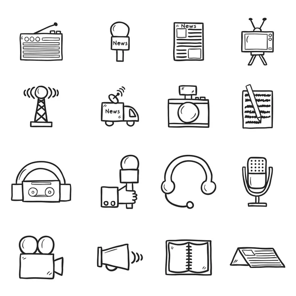 Set of objects in hand drawn catroon style on journalism theme: newspaper, tv, antenna, microphone, camera, van. Mass media concept — Stock Vector