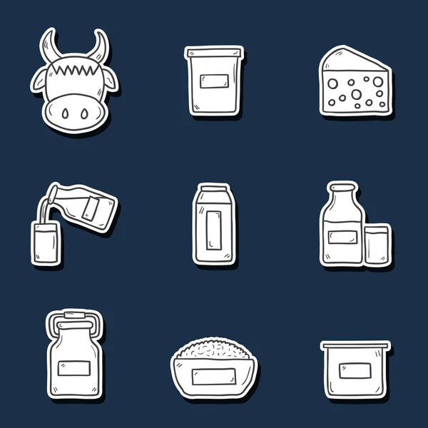 Set stiker lucu tangan dengan produk yang mengandung laktosa: botol susu, kaca, keju, pondok, krim, yogurt, sapi. Anda dapat menggunakannya untuk desain susu segar dan intoleransi laktosa atau vegan - Stok Vektor