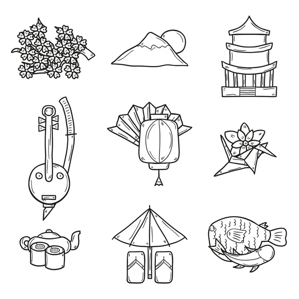 Set ikon di tangan menggambarkan gaya garis besar pada tema Jepang: geisha, pedang, sushi, sakura, lentera, origami. Konsept perjalanan Jepang - Stok Vektor