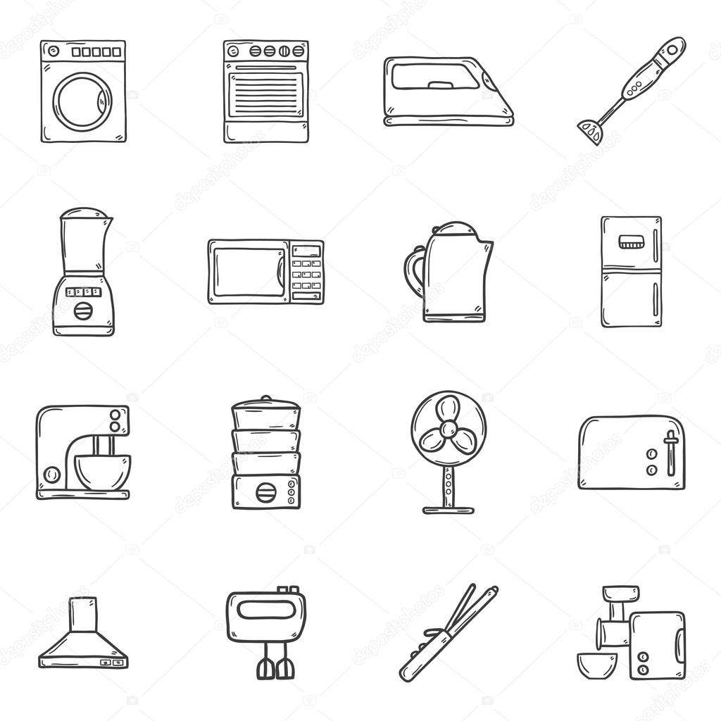 Set of objects in hand drawn cartoon outline style on home appliance theme: fridge, kettle, microwave, steamer, mixer, iron, stove. House care and housekeeping concept