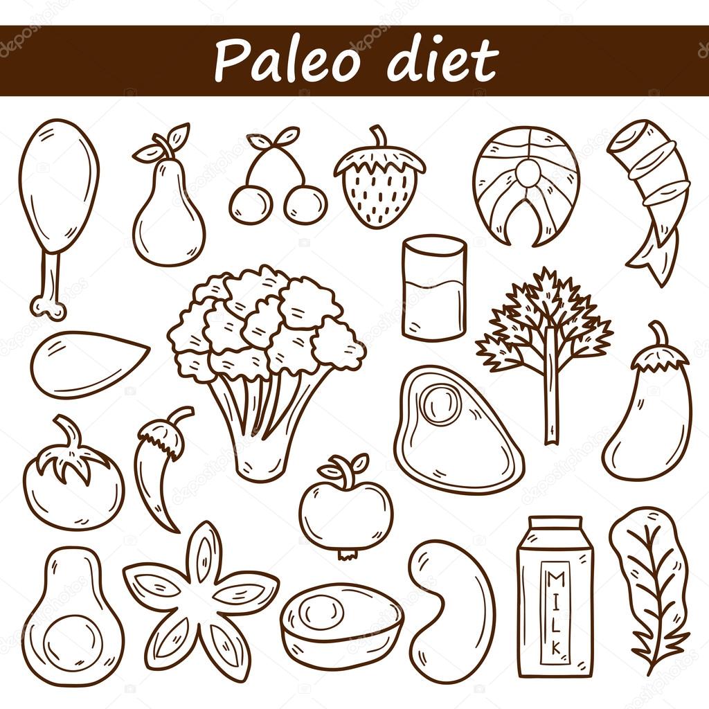 Set of objects in hand drawn outline style on paleo diet theme: meat, fish, fruits, vegetables, spices, nuts. Healthy food concept