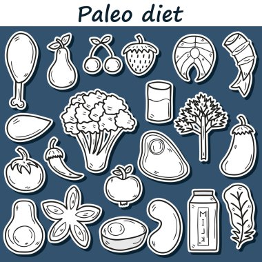 Elle çizilmiş tarzı paleo diyet konulu çıkartmaları kümesi: et, balık, meyve, sebze, baharat, Kuruyemiş. Sağlıklı gıda kavramı