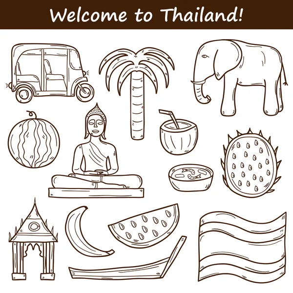 Набор очертаний мультфильмов в стиле ручной работы на тему Таиланда: такси, Будда, флаг, фрукты, слон, ладонь. Векторная концепция путешествий — стоковый вектор