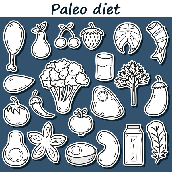 Набор стикеров в стиле ручной работы на тему палео-диеты: мясо, рыба, фрукты, овощи, специи, орехи. Концепция здорового питания
