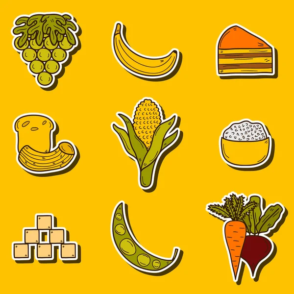 Set stiker dengan produk yang dilarang selama diet paleo di tangan menggambarkan gaya kartun: jagung, kue, beras, wortel, roti, kacang, gula. Konsep makanan sehat - Stok Vektor