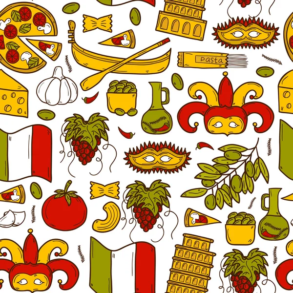 Naadloze achtergrond met cartoon objecten in de hand getekende stijl op Italië thema: gondla, voedsel, masker, pisa, Colosseum, olijfolie, Vector reizen concept — Stockvector