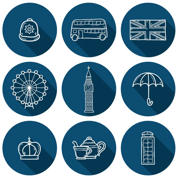 Set of cute hand drawn outline cartoon objects on London theme: queen crown, red bus, big ben, umbrella, london eye, telephone box. Travel concept for site, card, map — Stock Vector