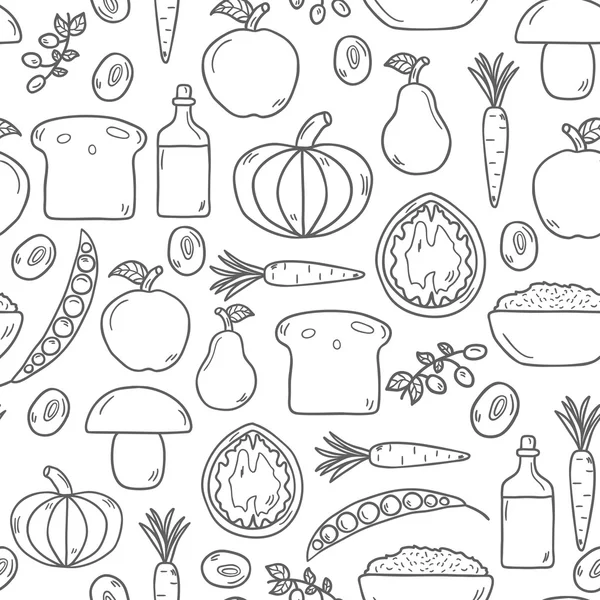 Fondo moderno vector sin costuras con objetos en lindo estilo dibujado a mano de dibujos animados sobre el tema de la comida vegana — Vector de stock