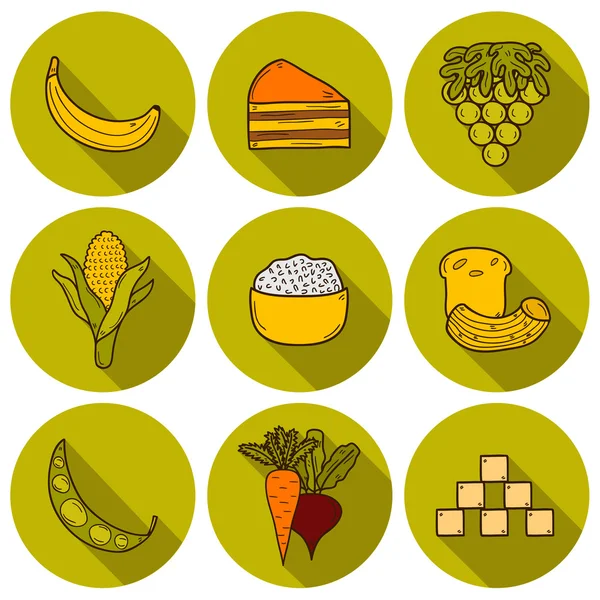 Elle çizilmiş karikatür tarzı paleo diyet sırasında yasak ürün kümesi: Mısır, pasta, pirinç, havuç, ekmek, fasulye, şeker. Sağlıklı gıda kavramı