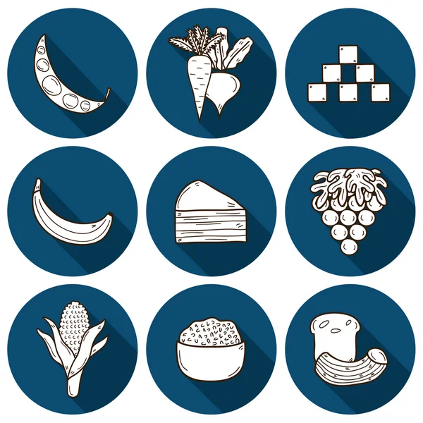 Conjunto de produtos proibidos durante a dieta paleo em estilo desenho animado desenhado à mão: milho, bolo, arroz, cenoura, pão, feijão, açúcar. Conceito de alimentação saudável —  Vetores de Stock