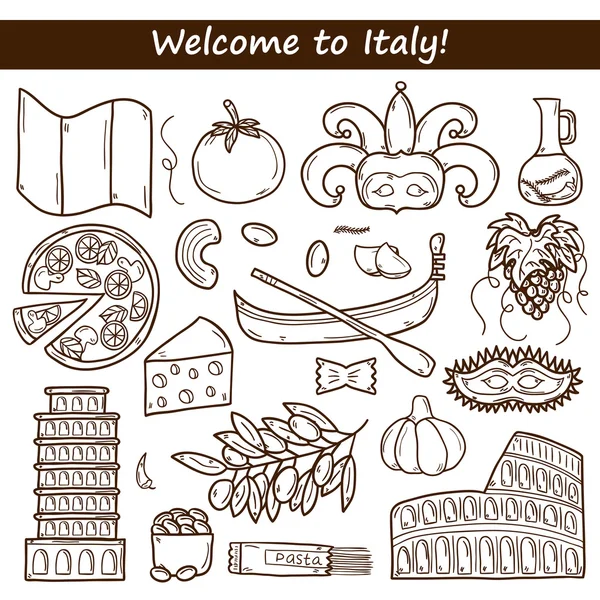 Set of cartoon objects in hand drawn outline style on Italy theme: gondla, food, mask, pisa, coliseum, olive oil, Vector travel concept — Stock Vector